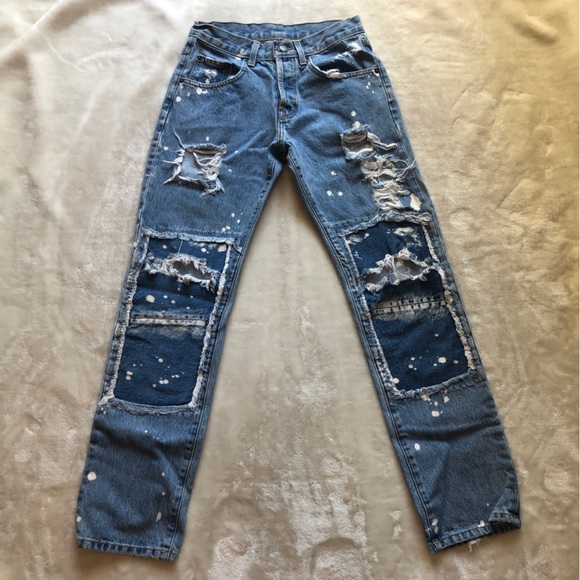 Carmar Distressed Patchwork Bleached Wide Leg Denim Jeans Size 24 - Picture 1 of 14